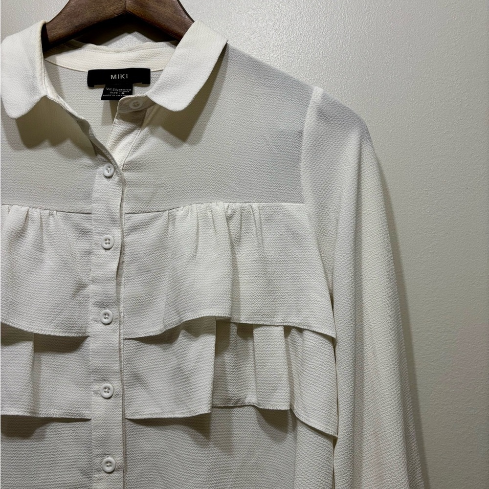 ✨$8 CLEAR-OUT✨ Miki Ruffle Long Sleeve Preppy Button Down Blouse Shirt Top White - Picture 2 of 7